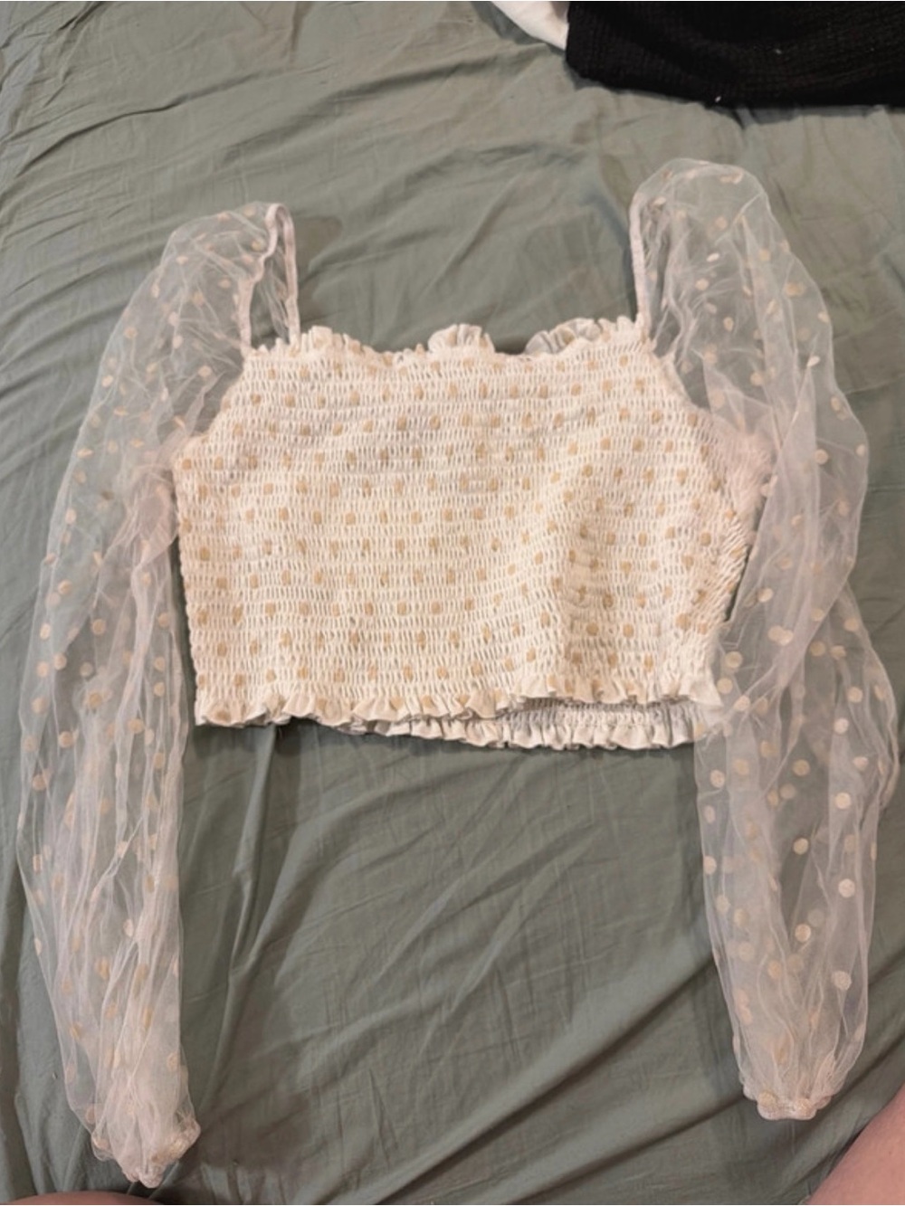 SHEIN White Smocked Crop Top with Polka Dot Sheer Sleeves